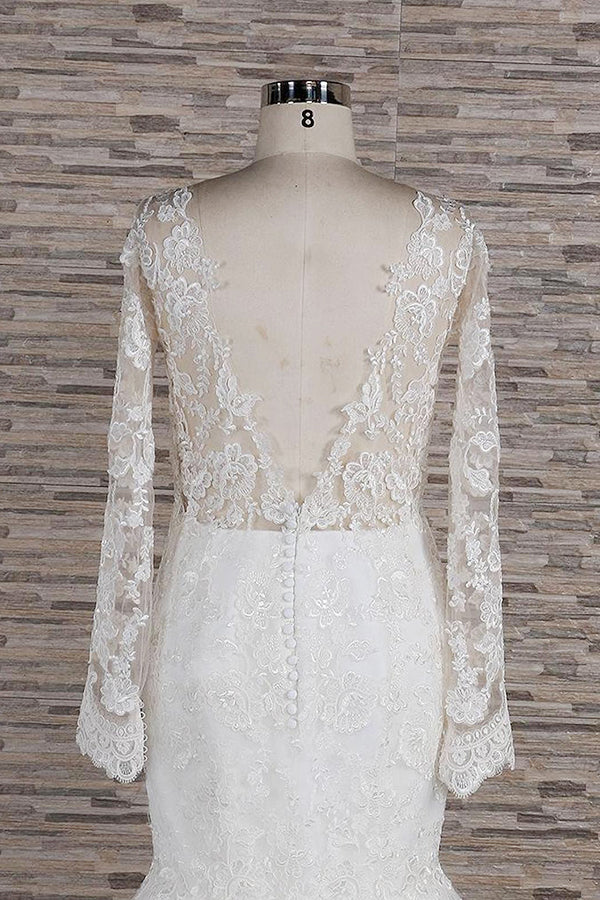 فستان زفاف بأكمام طويلة، ياقة قلب، تطريزات حورية البحر، دانتيل، بدون ظهر