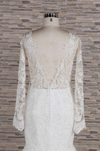 فستان زفاف بأكمام طويلة، ياقة قلب، تطريزات حورية البحر، دانتيل، بدون ظهر