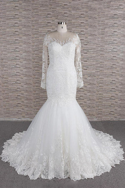 Langarm Meerjungfrau Sweetheart Applikationen Spitze Rückenfreies Brautkleid