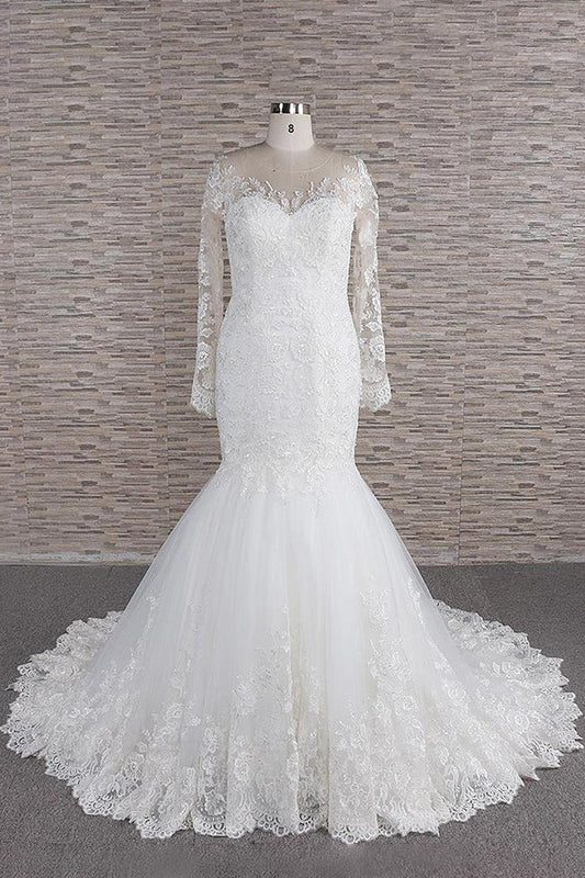 Langarm Meerjungfrau Sweetheart Applikationen Spitze Rückenfreies Brautkleid