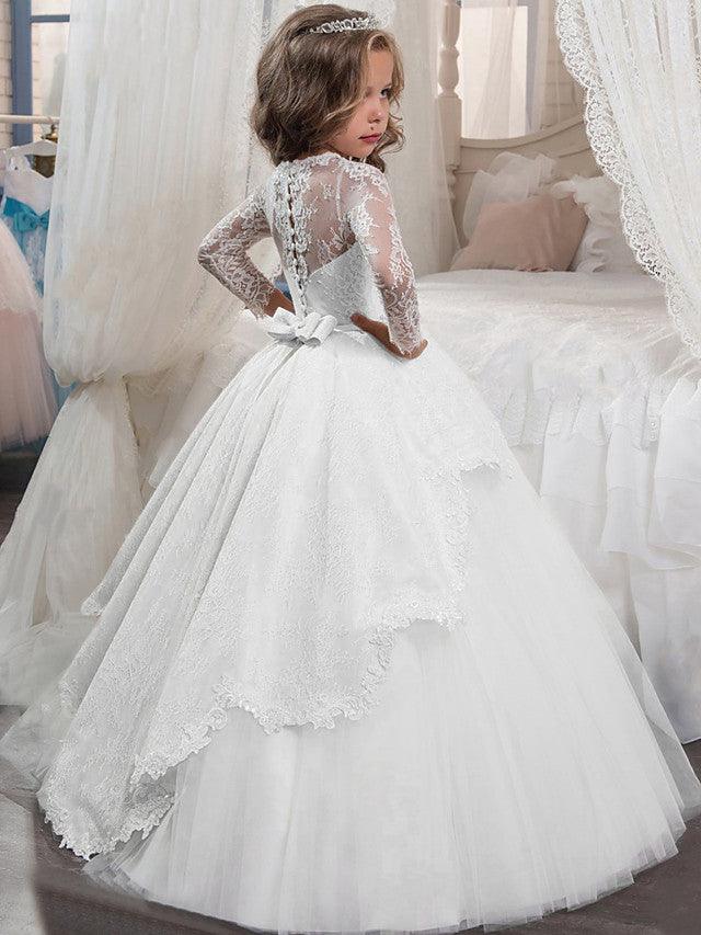 Long Sleeve Jewel Neck Tulle Flower Girl Dress For First Communion Party