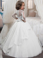 Long Sleeve Jewel Neck Tulle Flower Girl Dress For First Communion Party