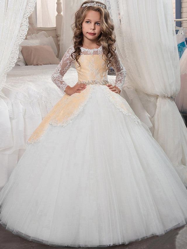 Long Sleeve Jewel Neck Tulle Flower Girl Dress For First Communion Party