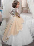 Long Sleeve Jewel Neck Tulle Flower Girl Dress For First Communion Party
