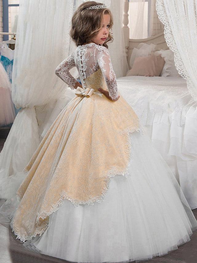 Long Sleeve Jewel Neck Tulle Flower Girl Dress For First Communion Party