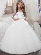 Long Sleeve Jewel Neck Tulle Flower Girl Dress For First Communion Party