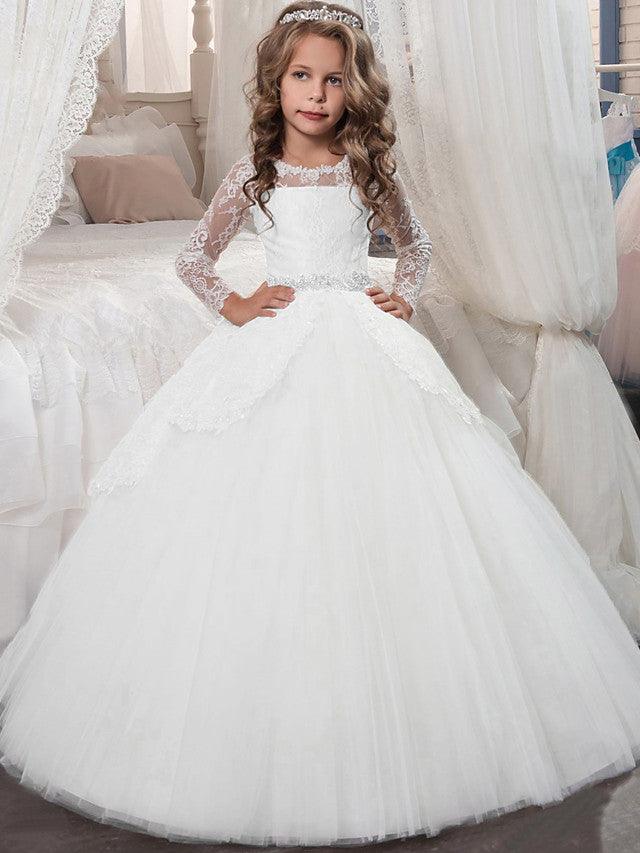 Long Sleeve Jewel Neck Tulle Flower Girl Dress For First Communion Party