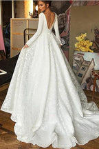 Langarm V-Ausschnitt Boho Brautkleider Satin Rückenfreies Spitzen Brautkleid