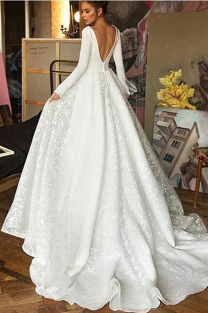 Langarm V-Ausschnitt Boho Brautkleider Satin Rückenfreies Spitzen Brautkleid