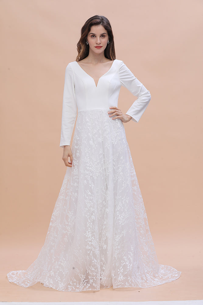 Langarm V-Ausschnitt Boho Brautkleider Satin Rückenfreies Spitzen Brautkleid