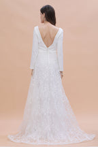 Langarm V-Ausschnitt Boho Brautkleider Satin Rückenfreies Spitzen Brautkleid