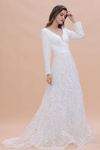 Langarm V-Ausschnitt Boho Brautkleider Satin Rückenfreies Spitzen Brautkleid