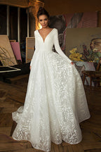 Langarm V-Ausschnitt Boho Brautkleider Satin Rückenfreies Spitzen Brautkleid
