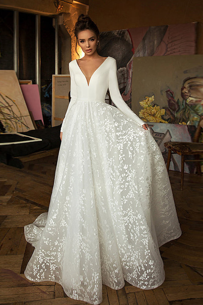 Langarm V-Ausschnitt Boho Brautkleider Satin Rückenfreies Spitzen Brautkleid
