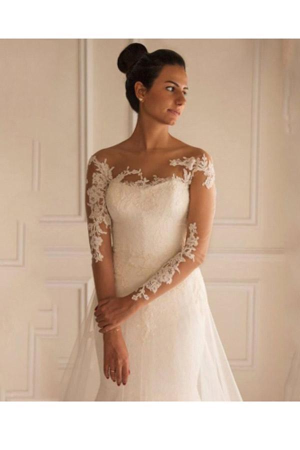 Lange Ärmel Applikationen Knopf Bodenlanges Meerjungfrau Brautkleid 