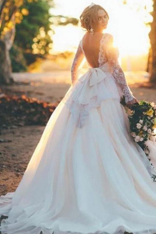 Ballkleid-Brautkleid aus Organza mit langen Ärmeln und perlenbesetztem Spitzenoberteil