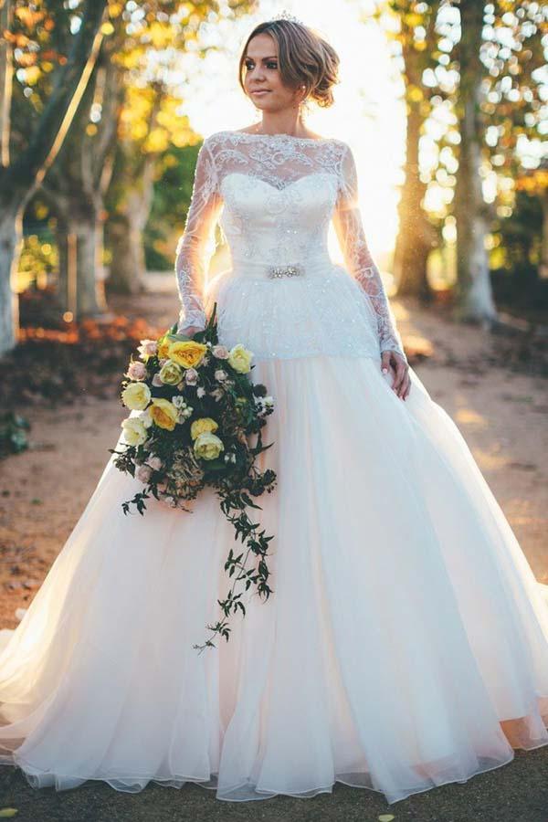 Ballkleid-Brautkleid aus Organza mit langen Ärmeln und perlenbesetztem Spitzenoberteil