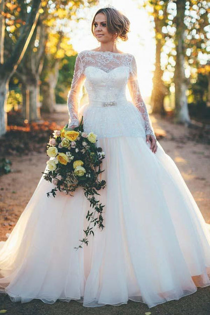 Ballkleid-Brautkleid aus Organza mit langen Ärmeln und perlenbesetztem Spitzenoberteil