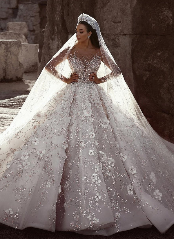 Lange Ärmel Ballkleid Herzausschnitt Perlen verziert Blumenspitze Brautkleider