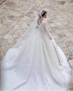 Long Sleeves Lace Ball Gown Wedding Dress With V Neck Appliques Chapel Train