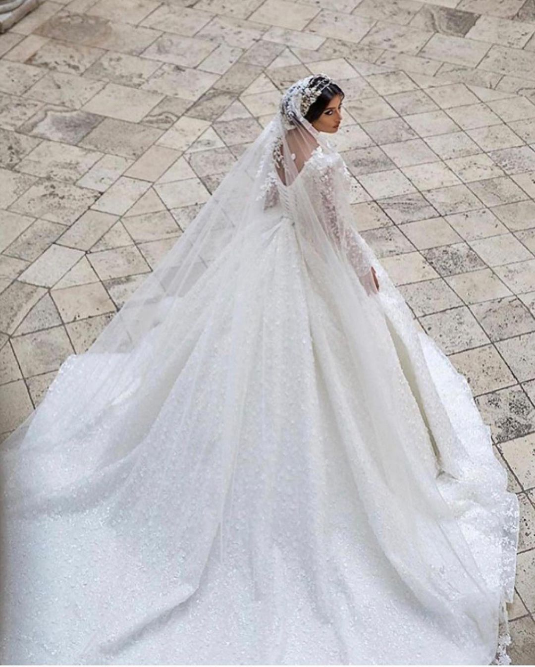 Long Sleeves Lace Ball Gown Wedding Dress With V Neck Appliques Chapel Train