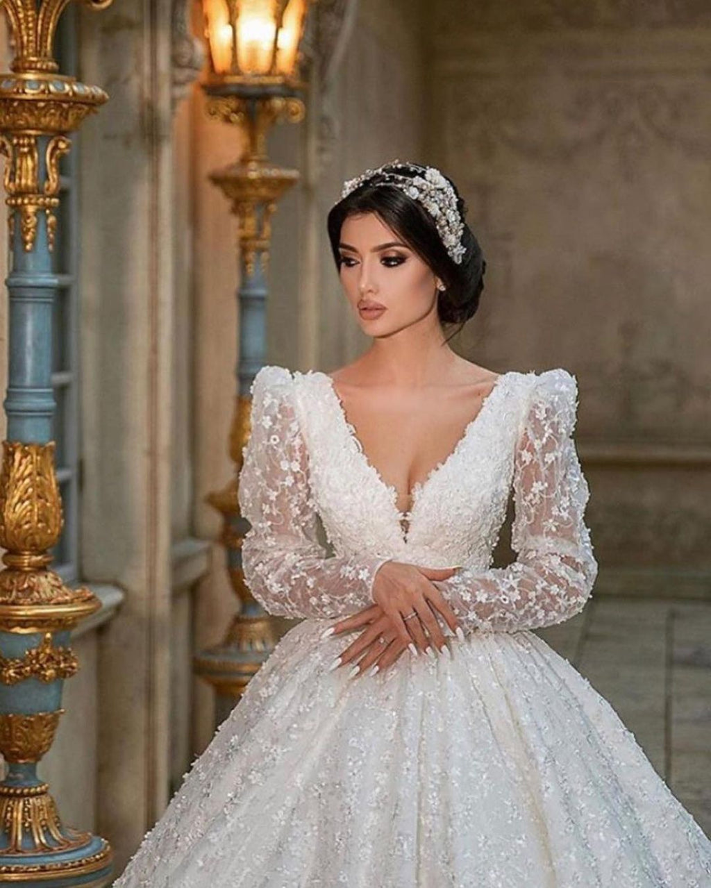 Long Sleeves Lace Ball Gown Wedding Dress With V Neck Appliques Chapel Train