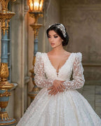 Long Sleeves Lace Ball Gown Wedding Dress With V Neck Appliques Chapel Train