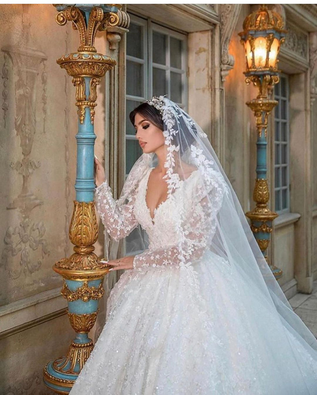 Long Sleeves Lace Ball Gown Wedding Dress With V Neck Appliques Chapel Train