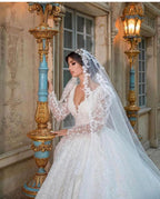 Long Sleeves Lace Ball Gown Wedding Dress With V Neck Appliques Chapel Train