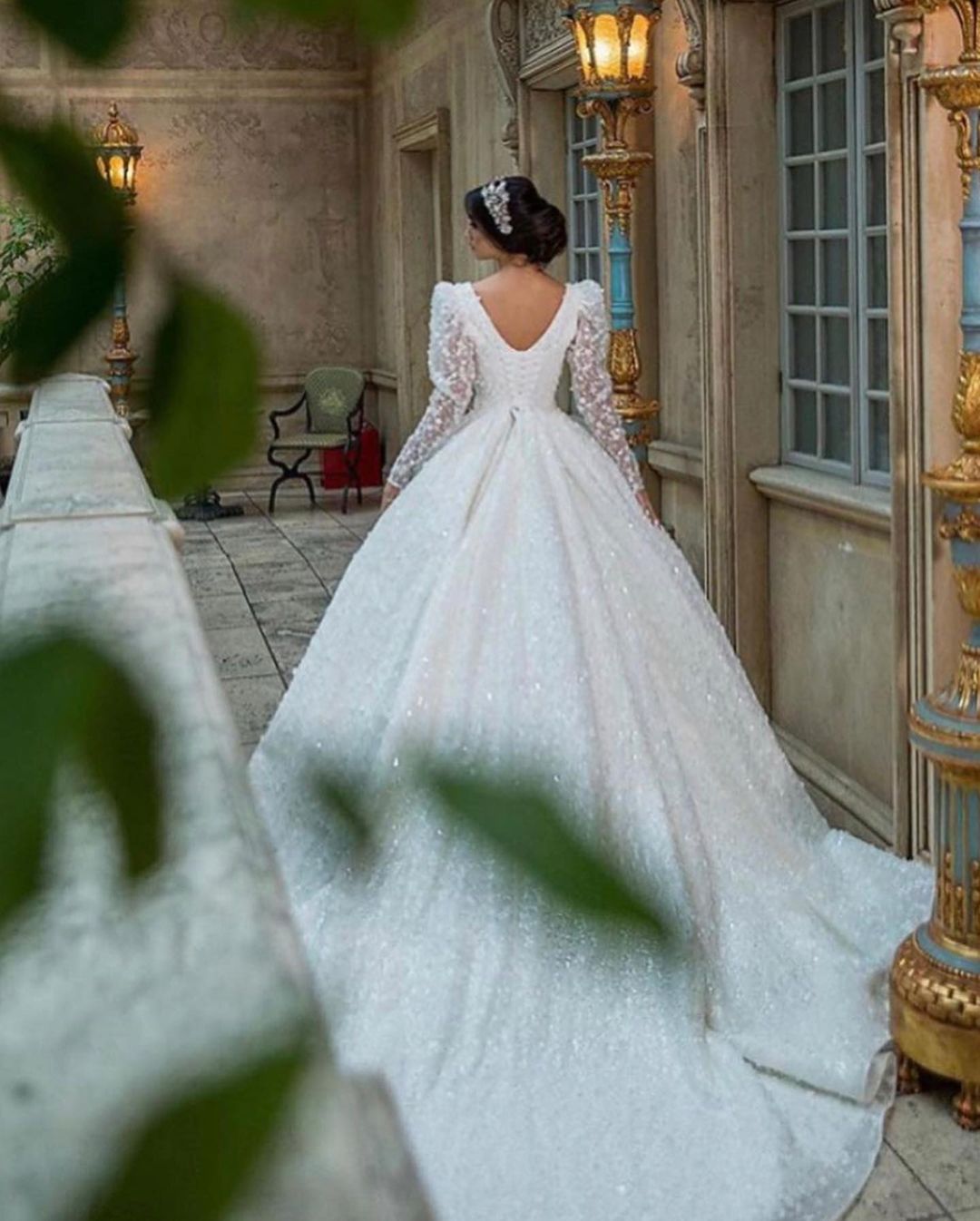 Long Sleeves Lace Ball Gown Wedding Dress With V Neck Appliques Chapel Train