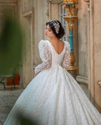 Long Sleeves Lace Ball Gown Wedding Dress With V Neck Appliques Chapel Train