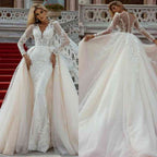 Long Sleeves Champagne Wedding Dress Lace Mermaid Overskirt