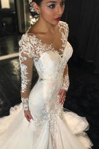 Long Sleeves Court Train  Ivory Wedding Dress With Lace Appliques