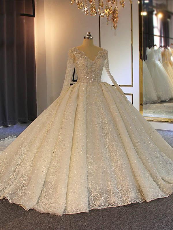 Delicate Lace Long Sleeve Wedding Dress Ball Gown With V Neck Tulle