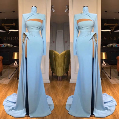 Langärmliges, hochgeschlossenes Meerjungfrau-Ballkleid mit Schlitz