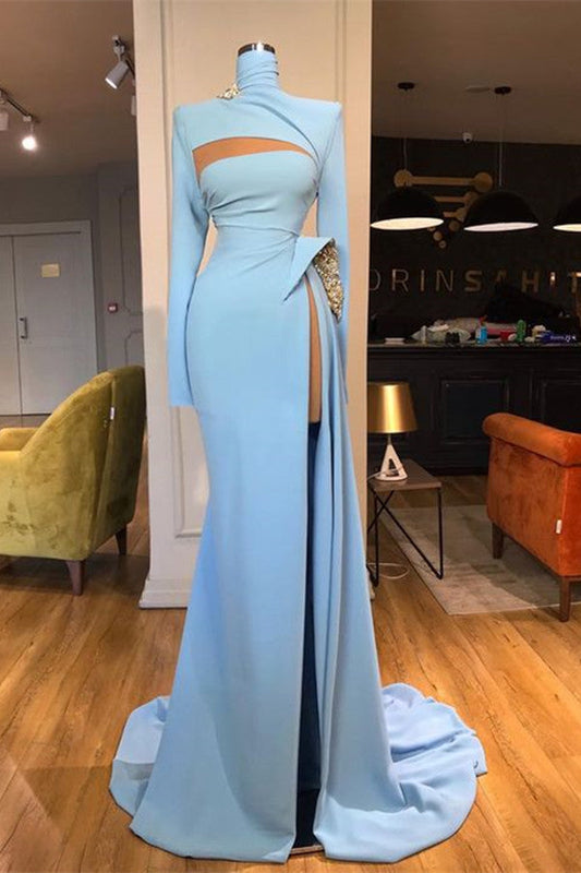 Langärmliges, hochgeschlossenes Meerjungfrau-Ballkleid mit Schlitz