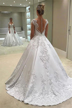 Long Sleeves Lace Appliques Off Shoulder A Line Wedding Dress With Sweep Train
