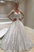 Long Sleeves Lace Appliques Off Shoulder A Line Wedding Dress With Sweep Train