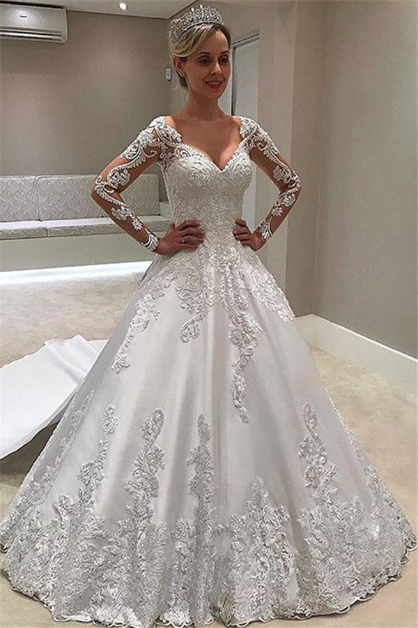 Long Sleeves Lace Appliques Off Shoulder A Line Wedding Dress With Sweep Train