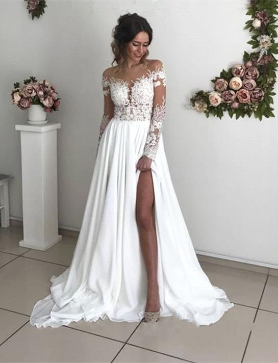 Beach Wedding Dress With Lace Long Sleeves And Chiffon A Line Gown