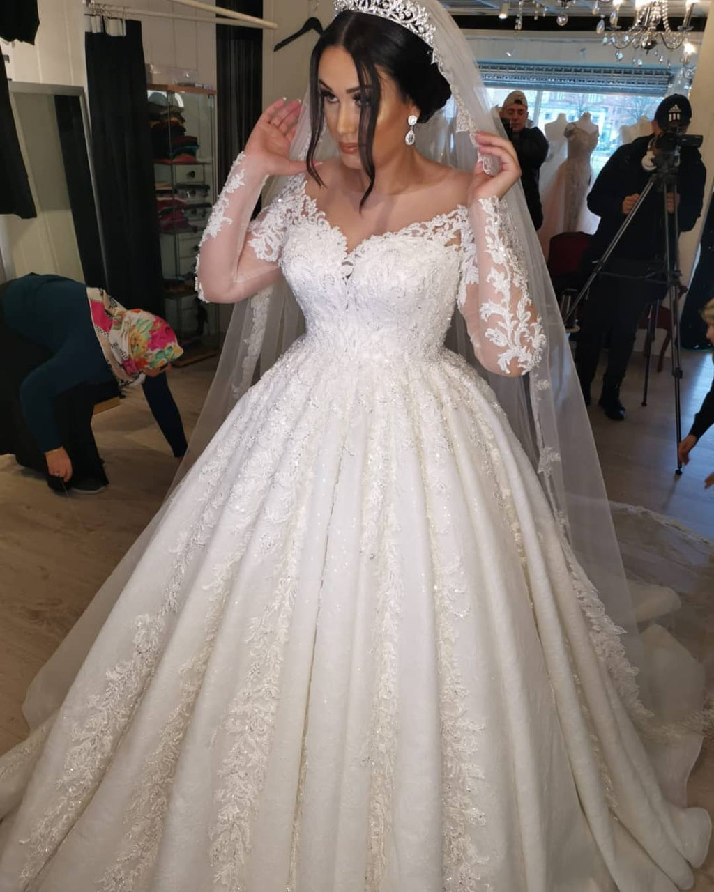 Plus Size Lace Long Sleeve Wedding Dress A Line Chapel Train On Sale