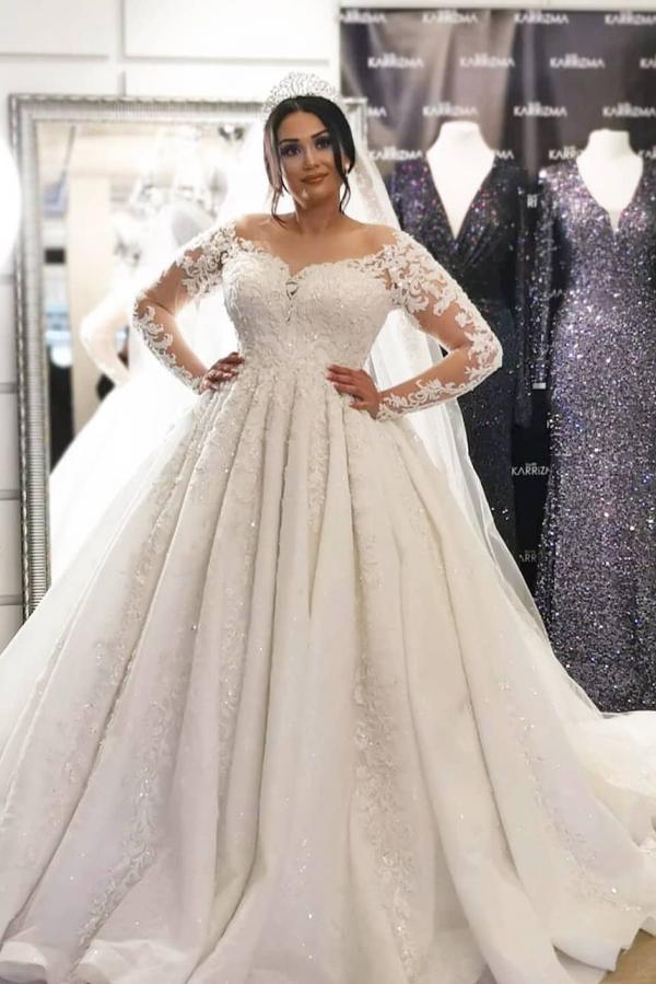 Plus Size Lace Long Sleeve Wedding Dress A Line Chapel Train On Sale