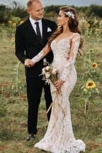 Long Sleeve Lace Mermaid Wedding Dress Boho Bridal Gown