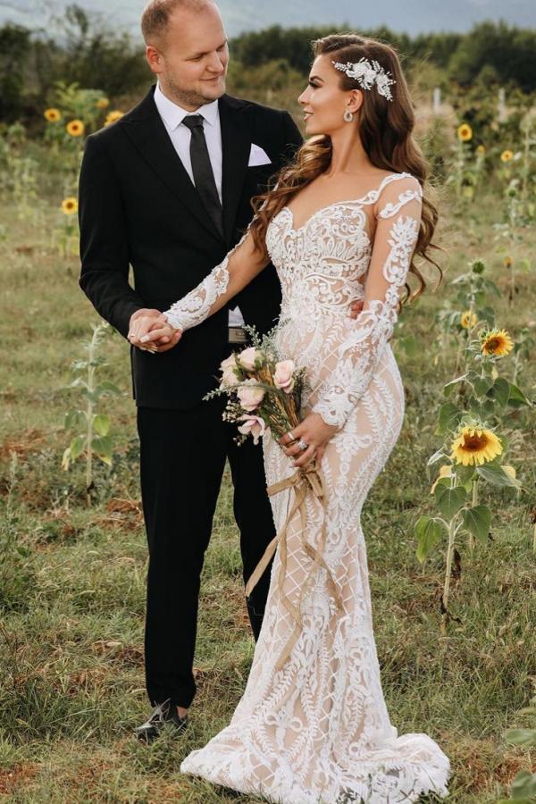 Long Sleeve Lace Mermaid Wedding Dress Boho Bridal Gown