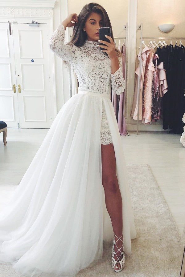 Long Sleeves Lace Wedding Dress With Tulle Removable Skirt Detachable Train