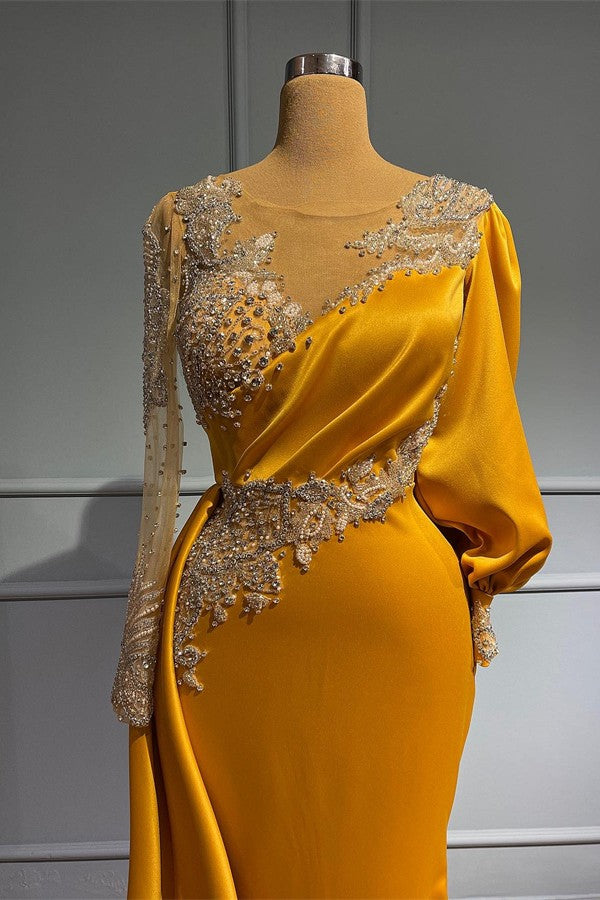 Long Sleeves Mermaid Jewel Asymmetric Beading Satin Formal Prom Dresses