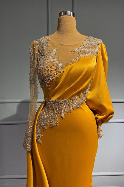 Long Sleeves Mermaid Jewel Asymmetric Beading Satin Formal Prom Dresses