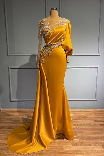 Long Sleeves Mermaid Jewel Asymmetric Beading Satin Formal Prom Dresses