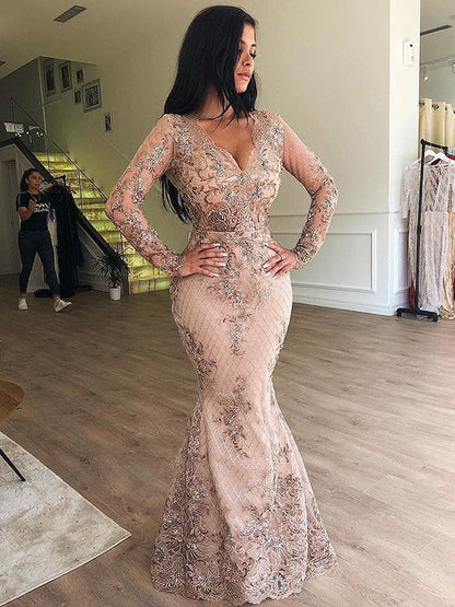 Vestidos de fiesta de sirena con escote en V, mangas largas y apliques con falda desmontable