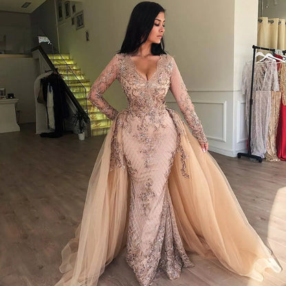 Vestidos de fiesta de sirena con escote en V, mangas largas y apliques con falda desmontable